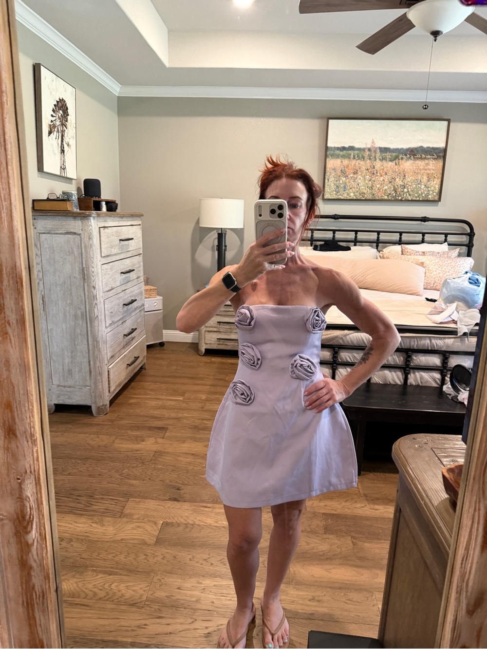 Lavender Strapless Rosette Mini Dress size small